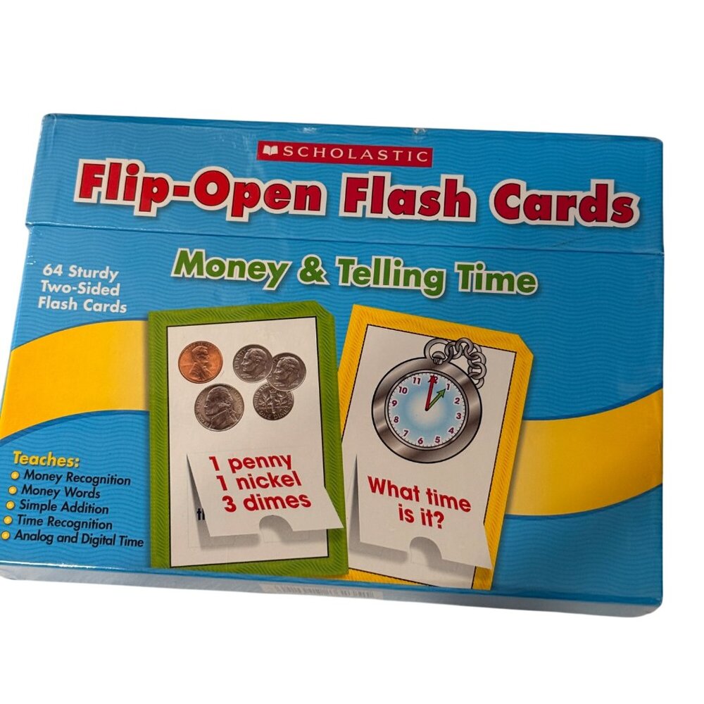 Scholastic SEALED NEW Flip-Open Flash Cards Money & Telling Time 64 Sturdy Cards